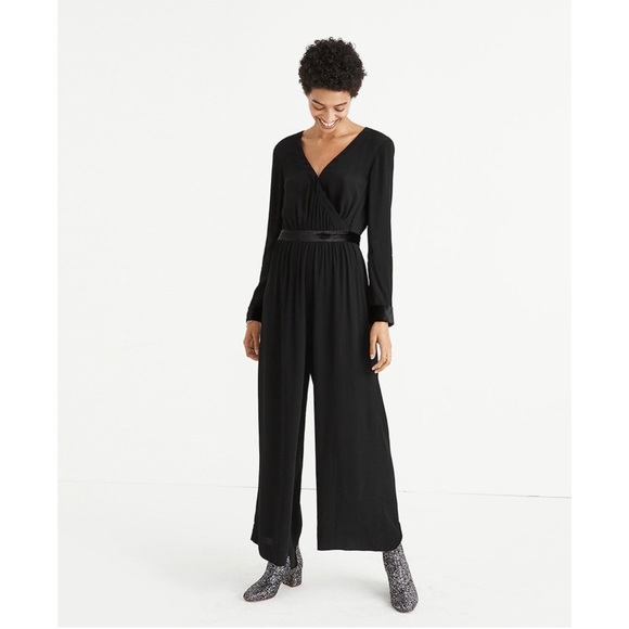 New Madewell velvet trimmed tie wide leg jumpsuit in Black size 00